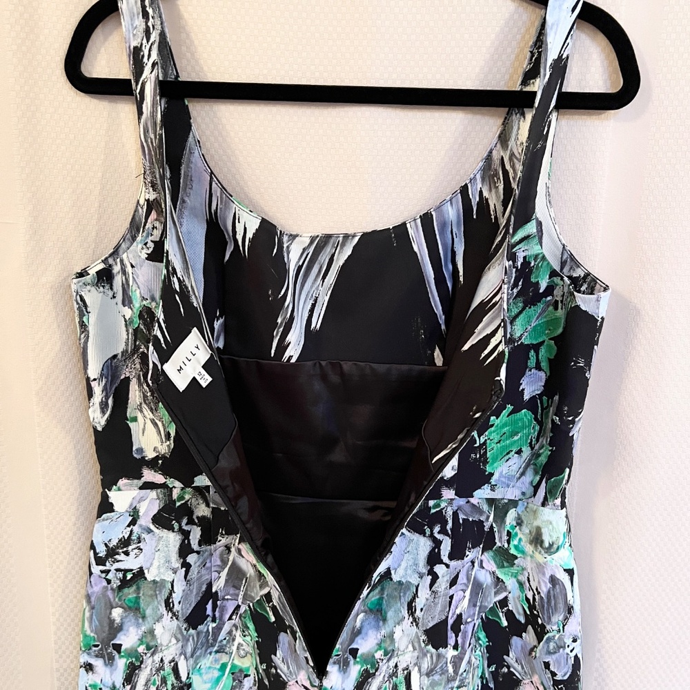 Milly Black Floral-Print Midi Dress with Green and White Brushstroke Accents - Picture 6 of 14